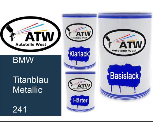 BMW, Titanblau Metallic, 241: 500ml Lackdose + 500ml Klarlack + 250ml Härter - Set, von ATW Autoteile West.